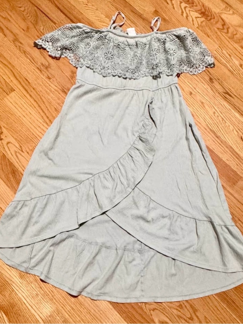 No Boundaries Sage Green Off the Shoulder Ruffle high-low Dress Juniors 15-17